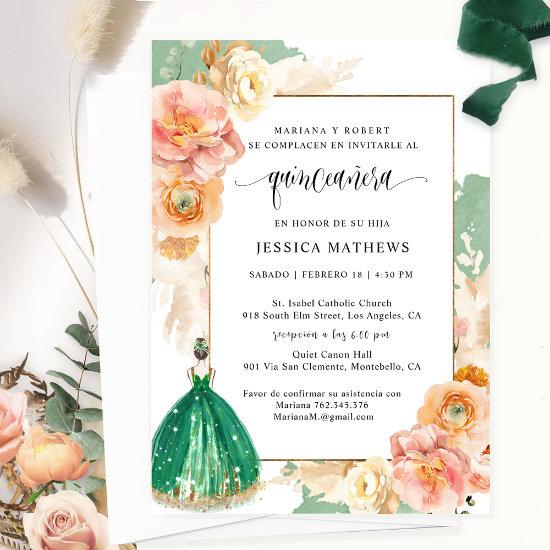 Spanish, Elegant Dark Green Floral Quinceañera