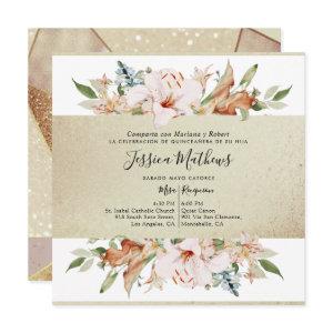 Spanish, Elegant Gold Champagne Floral Quinceañera
