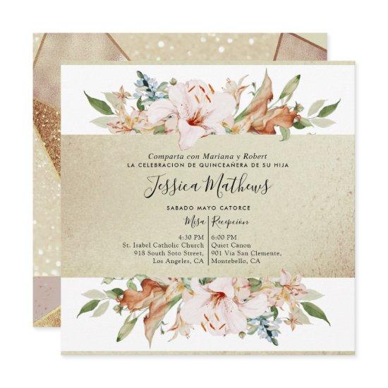 Spanish, Elegant Gold Champagne Floral Quinceañera