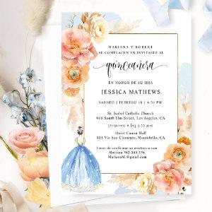 Spanish, Elegant Light Blue Floral Quinceañera