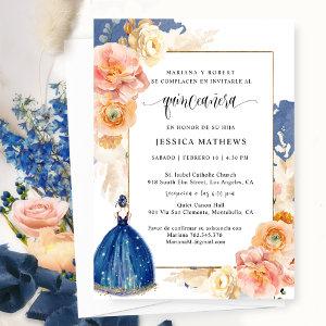 Spanish, Elegant Navy Blue Floral Quinceañera