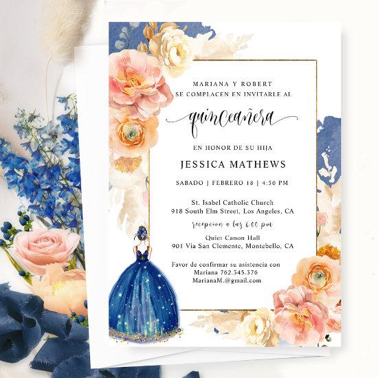 Spanish, Elegant Navy Blue Floral Quinceañera