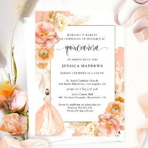 Spanish, Elegant Peach Floral Quinceañera