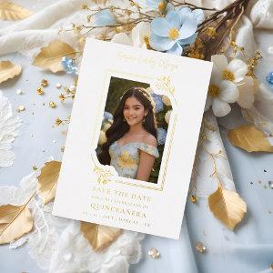 Spanish Elegant Photo Quinceañera Yellow Floral Foil