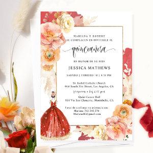 Spanish, Elegant Red Floral Quinceañera