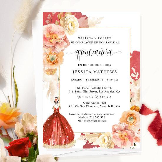 Spanish, Elegant Red Floral Quinceañera