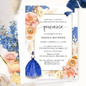 Spanish, Elegant Royal Blue Floral Quinceañera