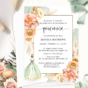 Spanish, Elegant Sage Green Floral Quinceañera