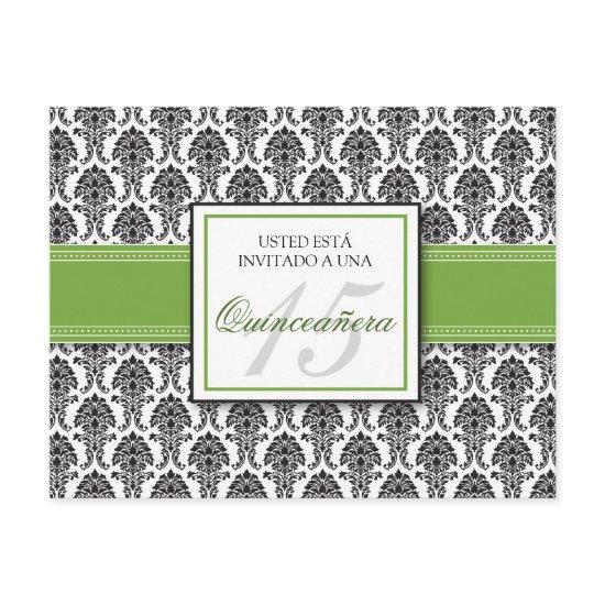SPANISH Lime Green Damask Quinceañera Invitación