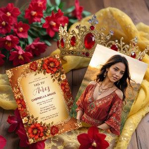 Spanish Mis XV Vintage Romantic Photo Red Flowers