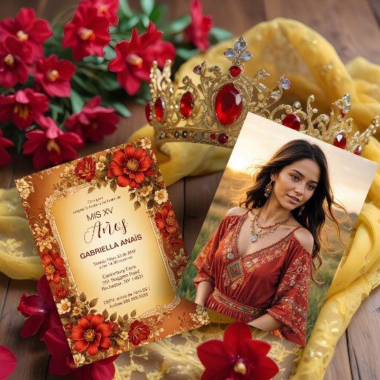Spanish Mis XV Vintage Romantic Photo Red Flowers
