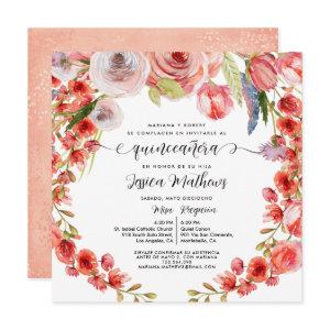 Spanish Peach Coral Floral and Glitter Quinceañera