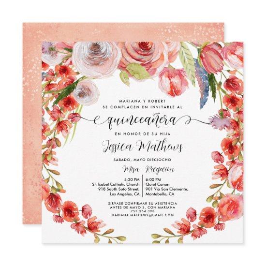 Spanish Peach Coral Floral and Glitter Quinceañera