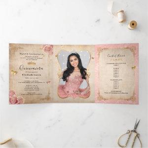 Spanish Photo Blush Pink Rose Gold Quinceanera Tri-Fold
