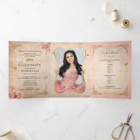Spanish Photo Blush Pink Rose Gold Quinceanera Tri-Fold