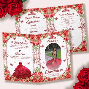 Spanish Photo Red Glitter Floral Quinceanera Program