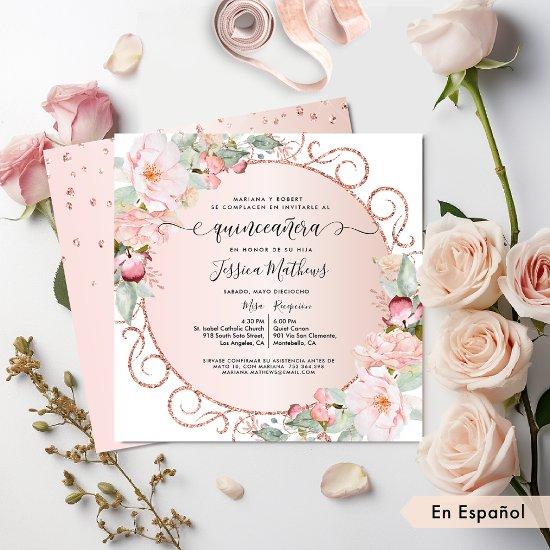 Spanish, Pink, Rose Gold, Blush Floral Quinceanera