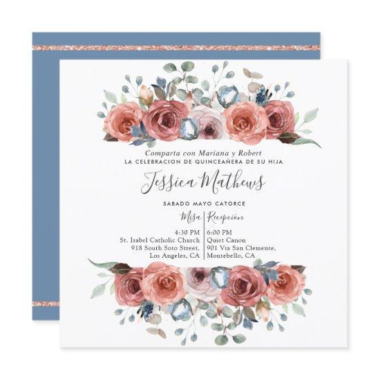 Spanish Quinceanera,  Dusty Blue and Pink Floral