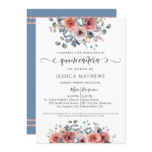 Spanish, Quinceañera Dusty Blue Pink Gold Floral