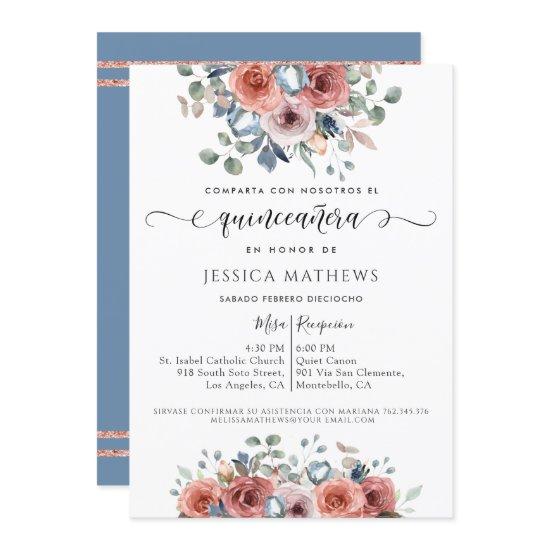 Spanish, Quinceañera Dusty Blue Pink Gold Floral
