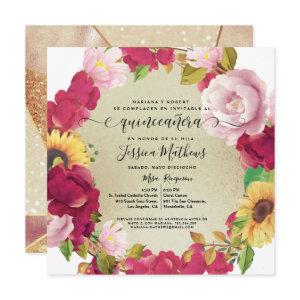 Spanish, Quinceañera Red Floral,Glitter