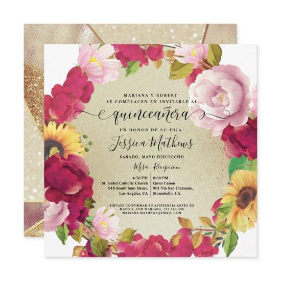 Spanish, Quinceañera Red Floral,Glitter