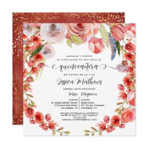 Spanish Red Coral Floral and Glitter Quinceañera