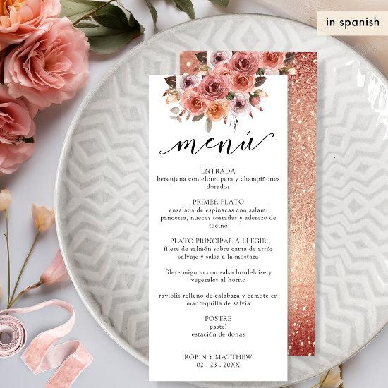Spanish, Rose Gold and Blush Pink Floral Menu