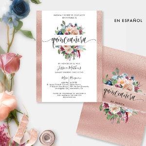 Spanish, Rose Gold Pastel Floral  Quinceañera  Inv