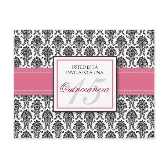 SPANISH Rose Pink Damask Quinceañera Invitación