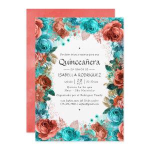 Spanish Turquoise and Coral Floral Quinceañera Inv