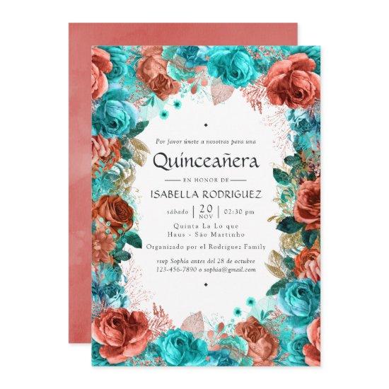 Spanish Turquoise and Coral Floral Quinceañera Inv