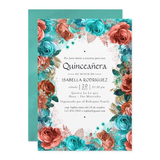Spanish Turquoise and Coral Floral Quinceañera