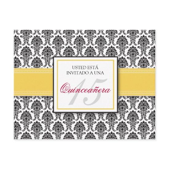 SPANISH Yellow Damask Quinceañera Invitación