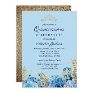 Sparkle Blue Gold Glitter floral Quinceanera 15th