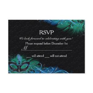 Sparkle Blue & Green Feather Mask Masquerade RSVP