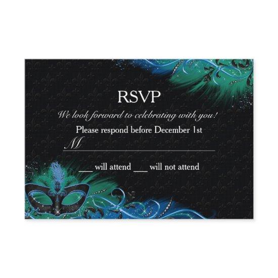Sparkle Blue & Green Feather Mask Masquerade RSVP