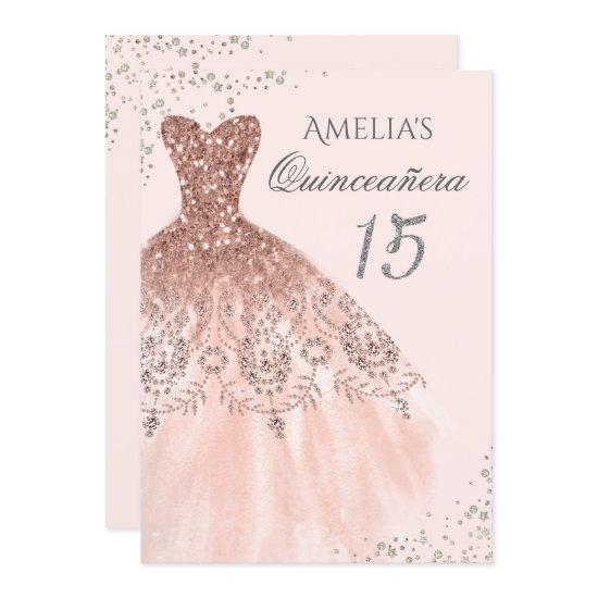 Sparkle Dress Pink Rose Gold Quinceanera Invite