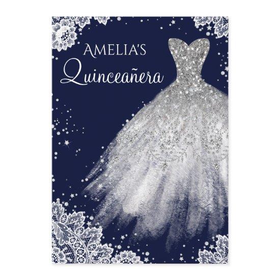 Sparkle Dress White Lace Navy Quinceanera Invite