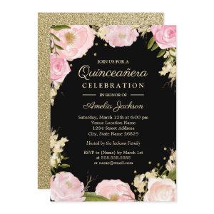 Sparkle Floral Gold Pink Black Quinceanera