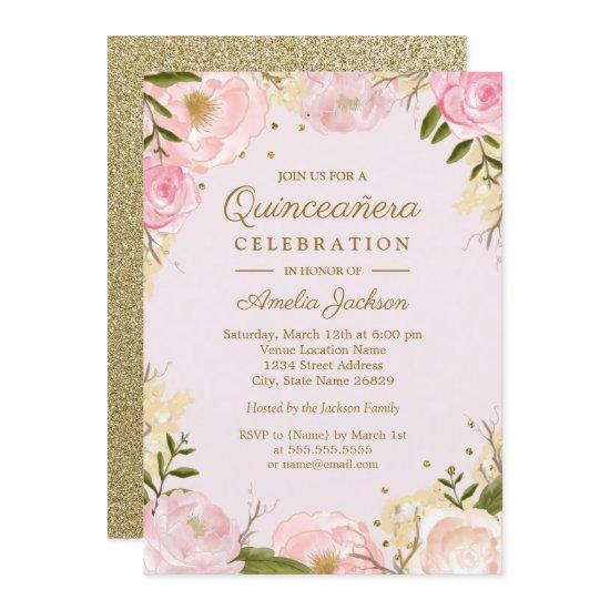 Sparkle Floral Gold Pink Quinceanera