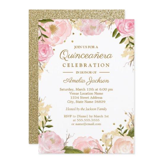 Sparkle Floral Pink Gold Quinceanera