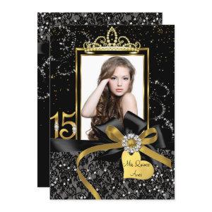 Sparkle Gold Black Lace & Bow Photo Quinceanera