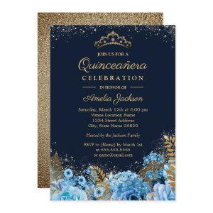 Sparkle Gold Blue Glitter floral Quinceanera 15th