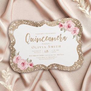 Sparkle gold glitter and pink floral Quinceanera
