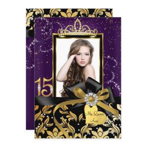 Sparkle Gold Purple Damask & Bow Photo Quinceanera