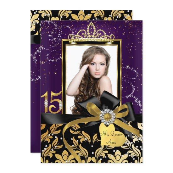 Sparkle Gold Purple Damask & Bow Photo Quinceanera