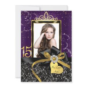 Sparkle Gold Purple Lace & Bow Photo Quinceanera