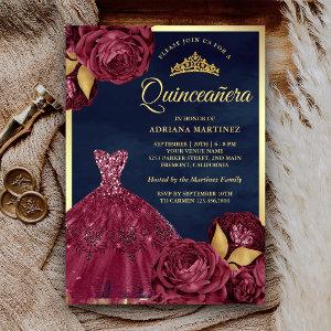 Sparkle Gown Burgundy Floral Navy Gold Quinceanera