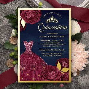 Sparkle Gown Burgundy Floral Navy Quinceanera Gold Foil